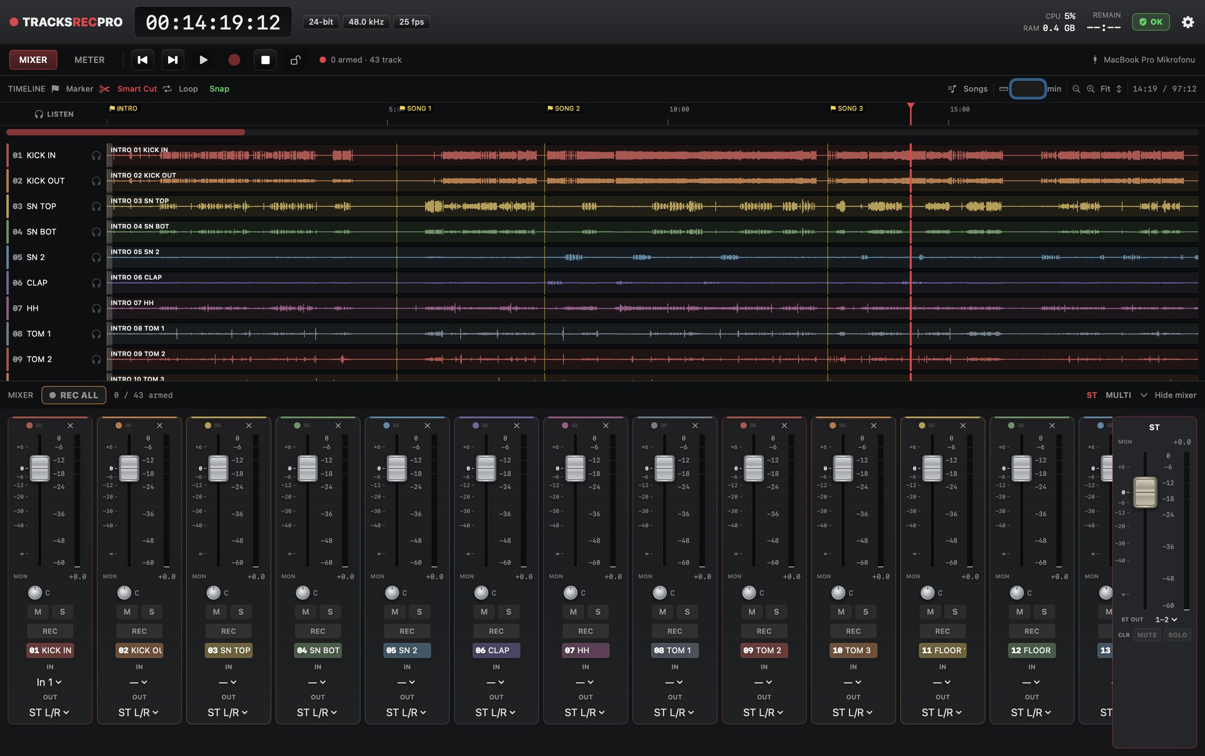 TracksRecPro — a 43-track live show, every take named by its song