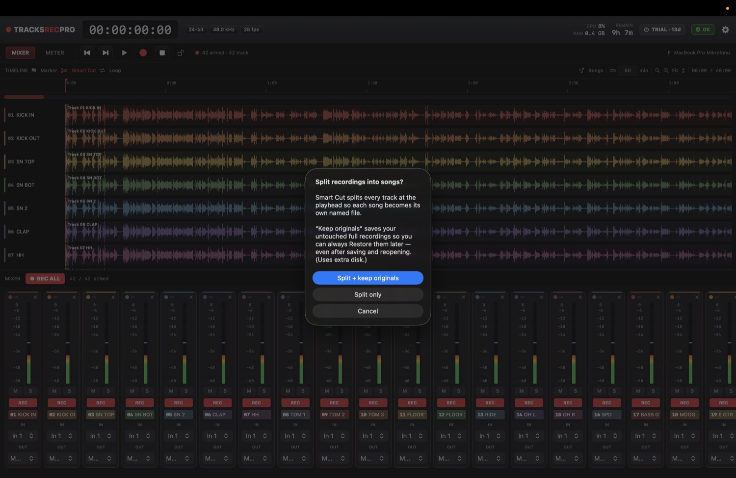 Split recordings into songs while keeping the untouched originals