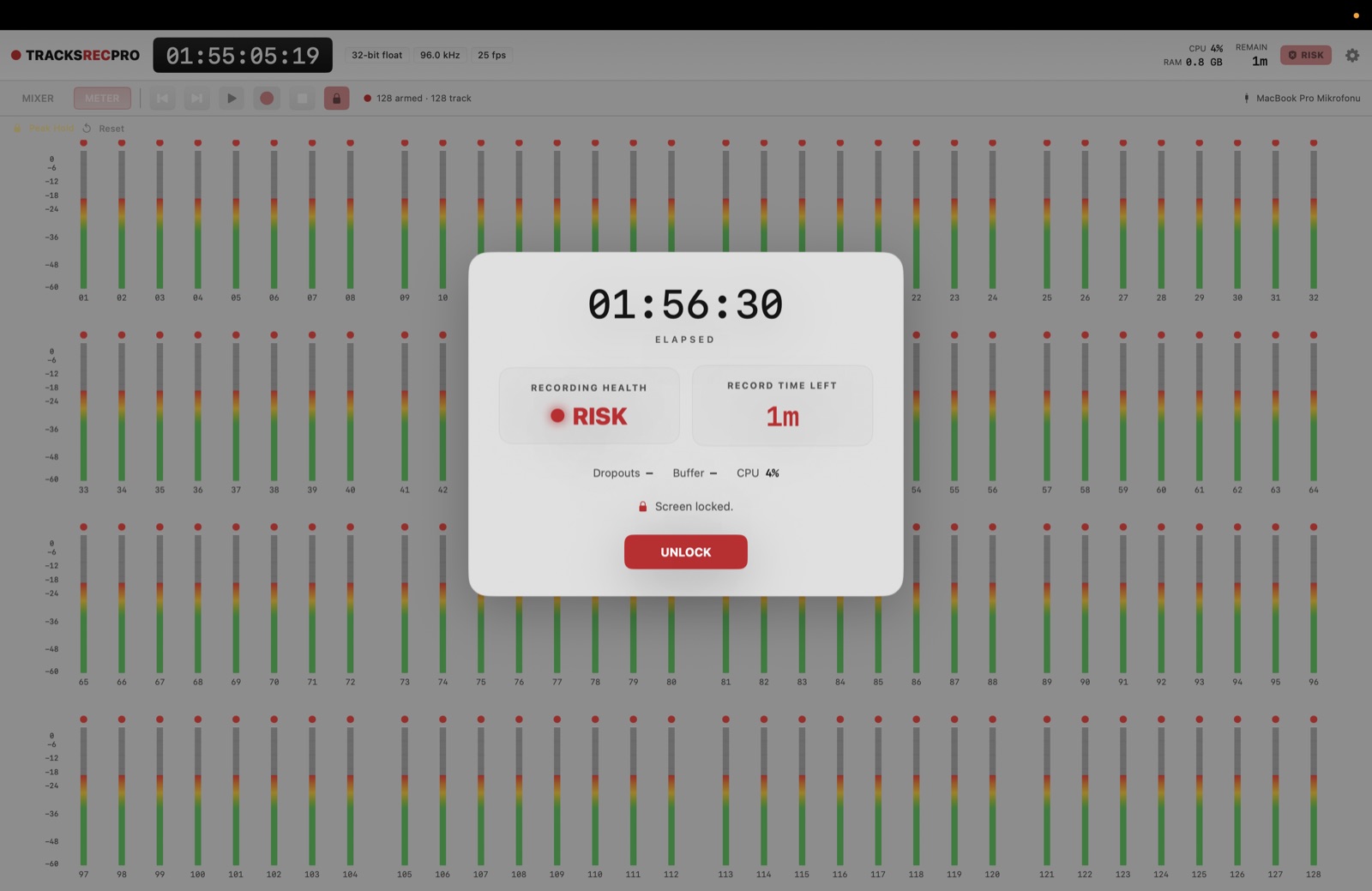 Locked screen during a 128-channel recording, showing elapsed time and a RISK warning that the disk is nearly full