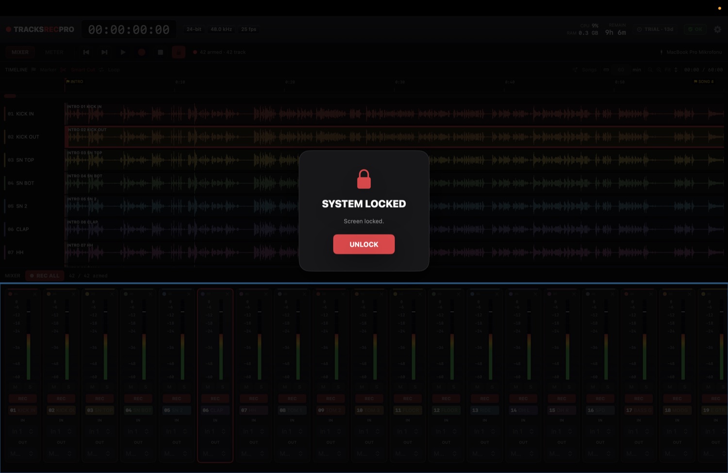 Screen lock over a 42-track recording so a stray touch can't interrupt the take