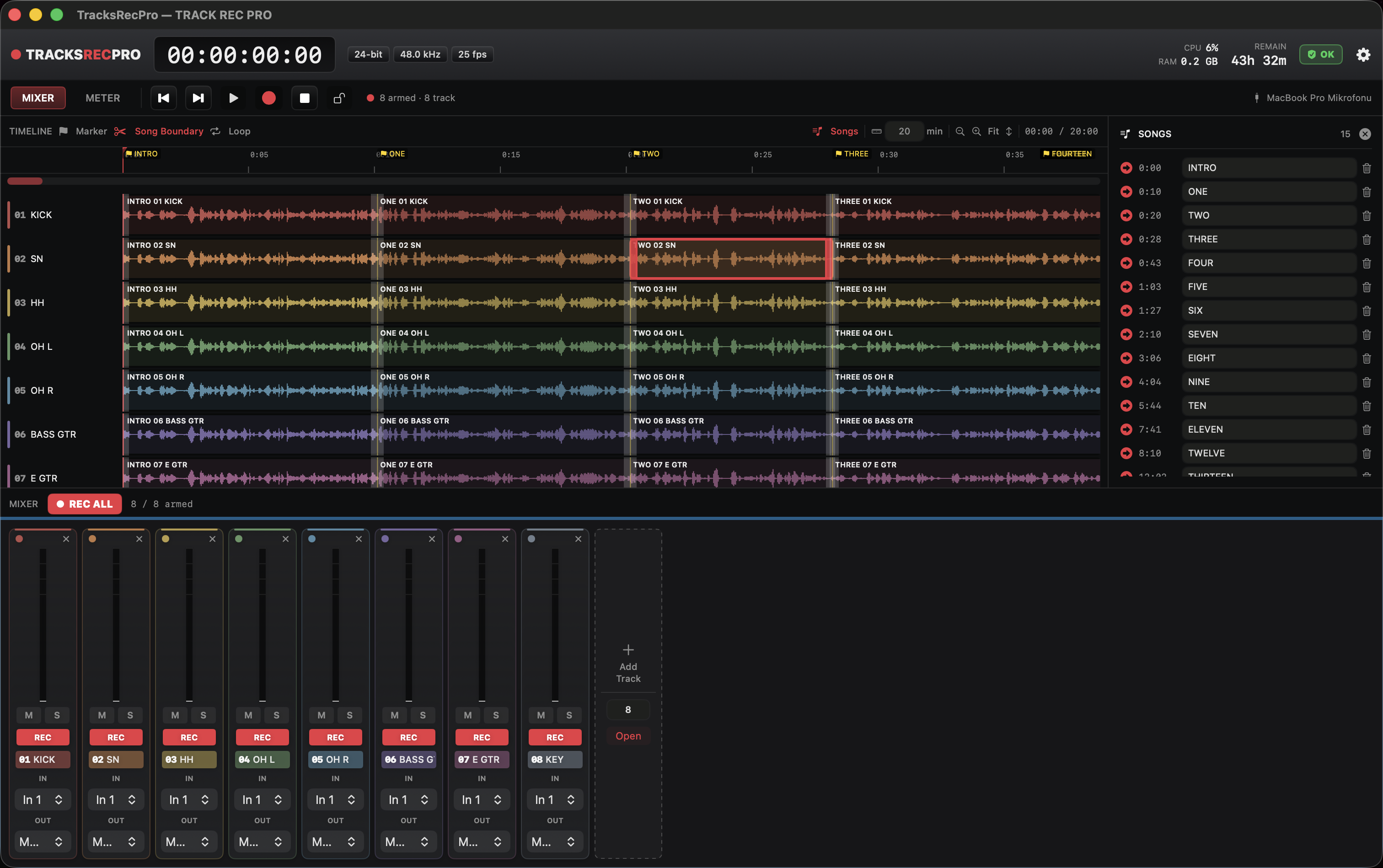 TracksRecPro — timeline with song markers and auto-named stems + setlist