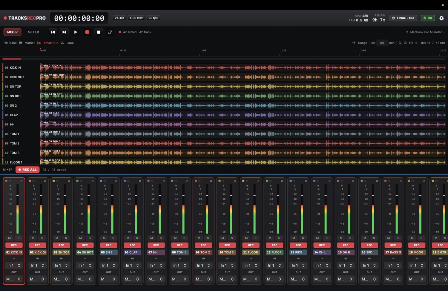 42 tracks of a live show, every take named by its song