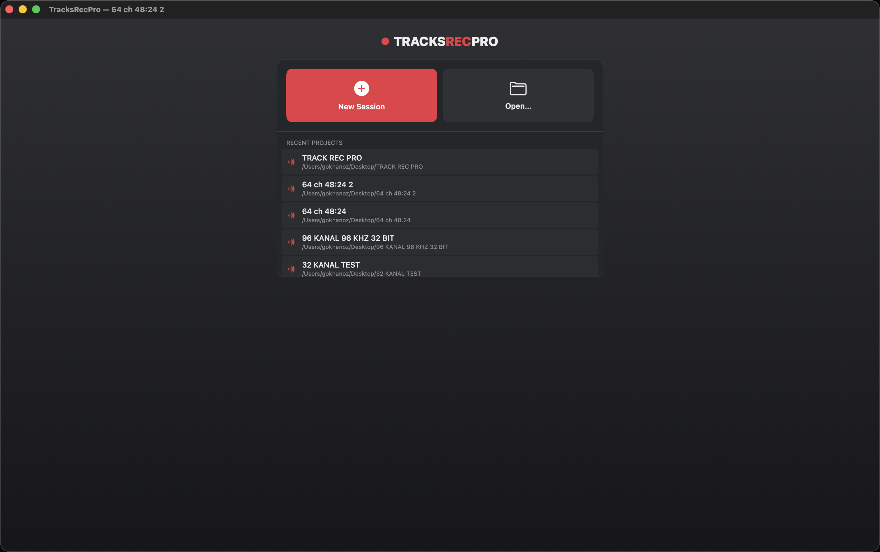 Welcome screen with recent projects